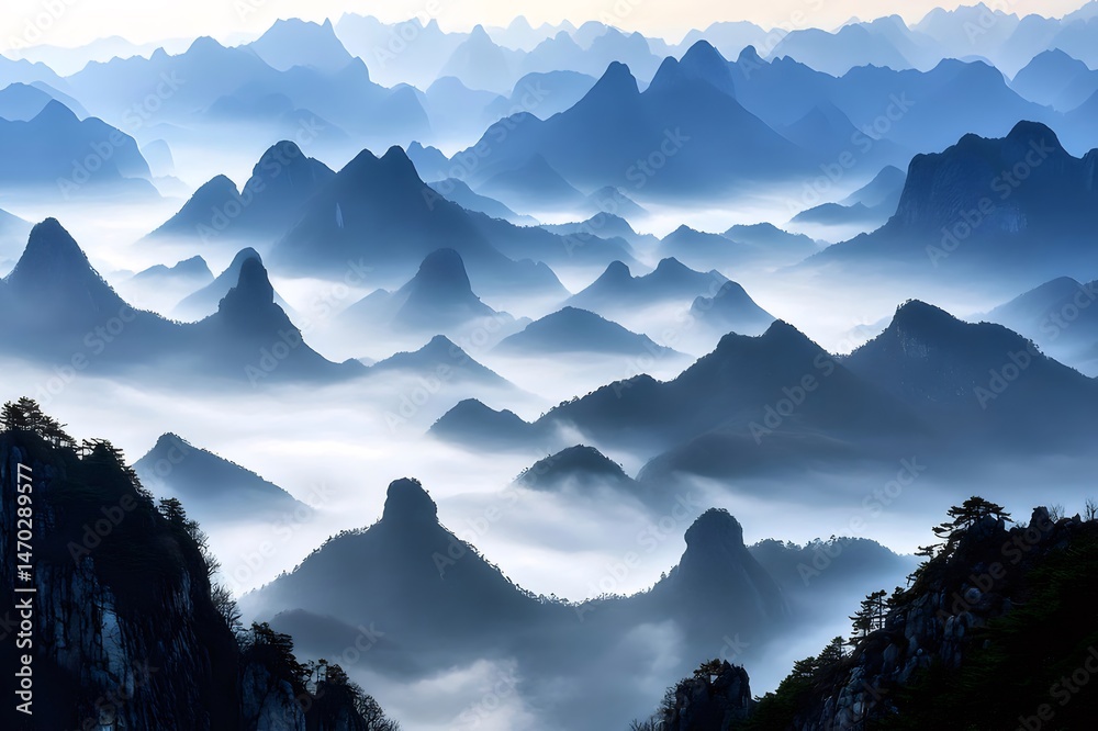 Aufkleber 霧が立ち込める青い山々の風景 中国の山岳地帯の自然景観 幻想的な雰囲気
