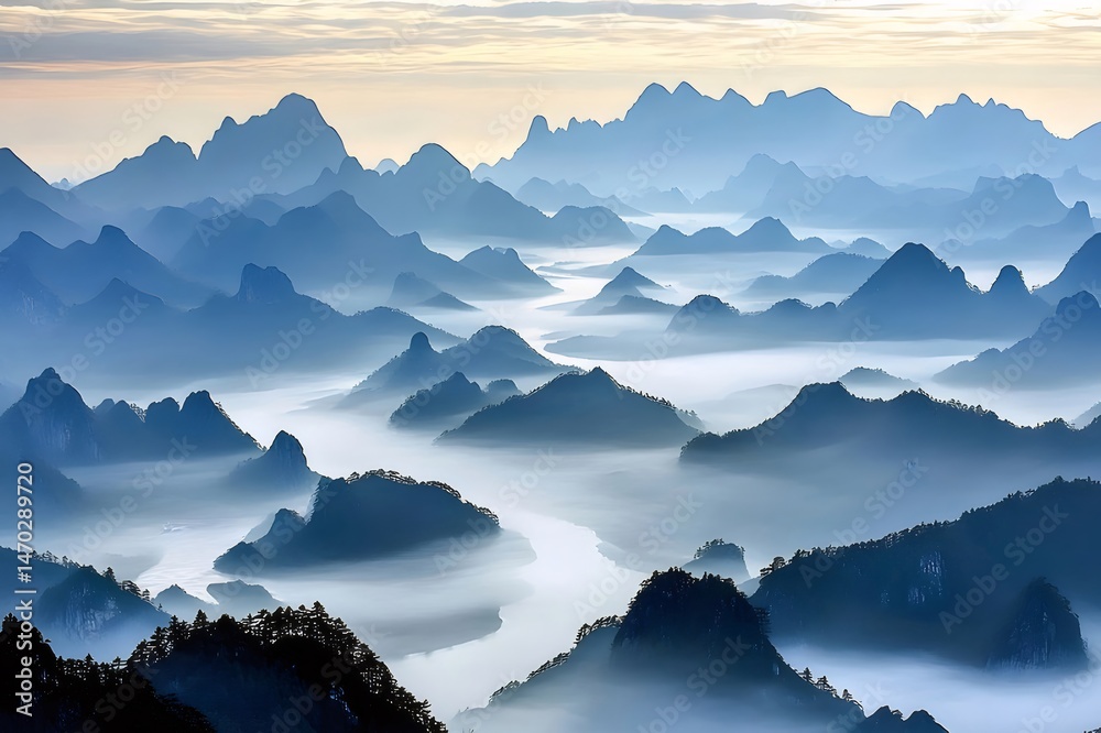 Aufkleber 朝靄が立ち込める青い山々のパノラマ風景 中国の自然の美しさ 観光旅行の背景に