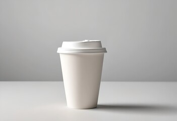 a single white disposable coffee cup is placed centrally against a light grey background.