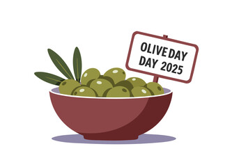 A vibrant illustration celebrates Olive Day 2025! A bowl of olives sits on a red plate, accompanied by a sign. A fresh, appealing design perfect for food-related marketing.