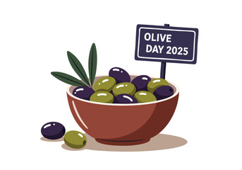 A vibrant illustration celebrates Olive Day 2025 with olives in a bowl, a sign, and olive branches. A cheerful, eye-catching design perfect for food, health, and lifestyle themes.