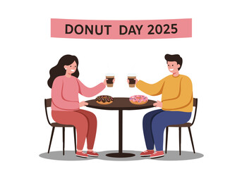 Two people enjoy coffee and donuts at a table. A cheerful scene celebrating Donut Day 2025. Modern illustration style.