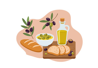 A vibrant still life featuring olives, olive oil, and bread on a wooden board. Perfect for food, lifestyle, or culinary themes.  Bright, inviting composition.
