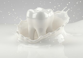 Tooth mockup in a splash of milk, dental health concept