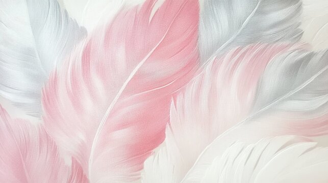 Close-up of white and pink wallpaper featuring a feather pattern in soft shades of grey, pink, and white