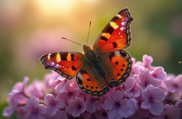 Obraz premium Red admiral butterfly with vibrant red markings on lilac blossom in sunny meadow. Generative AI