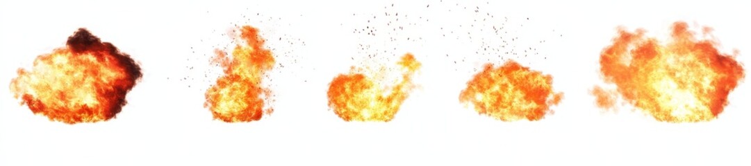 Fiery Explosions Collection Isolated on White Background, fire, explosion