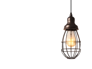 A hanging caged bulb emits a warm glow against a dark background.  The metal cage protects the light source