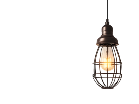A hanging caged bulb emits a warm glow against a dark background.  The metal cage protects the light source