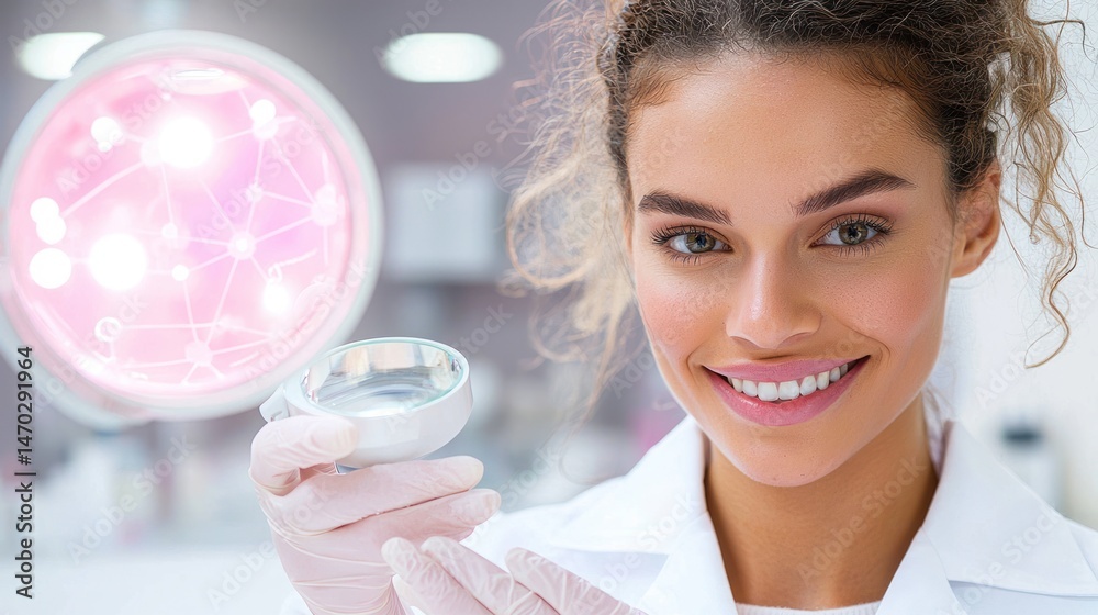 Poster smiling woman with tool under a bright illuminating light in lab