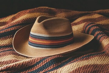 Brown straw cowboy hat on a colorful woven blanket