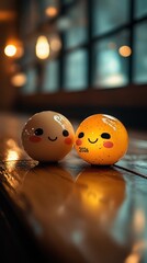 Two adorable, smiling balls on a wooden surface