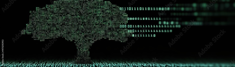 Poster Binary code constructs a digital tree shape with dark background