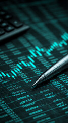 Close-up of pen on financial chart, showcasing teal data graphs and numbers, representing business analytics and market trends, ideal for financial concepts