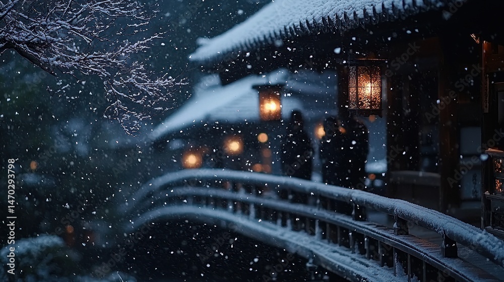 Poster A snowy bridge leads towards illuminated structures and lanterns