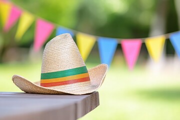 Straw hat on wooden table, festive background