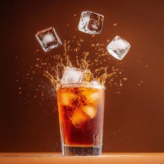 Splash of Refreshing Soda with Ice Cubes in Mid-Air Against Brown Background