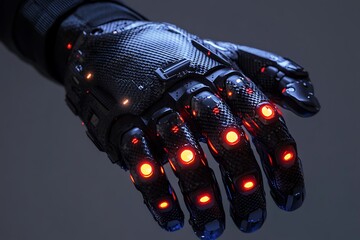Interlocking robotic knuckles, reinforced with carbon fiber and glowing joint seals 