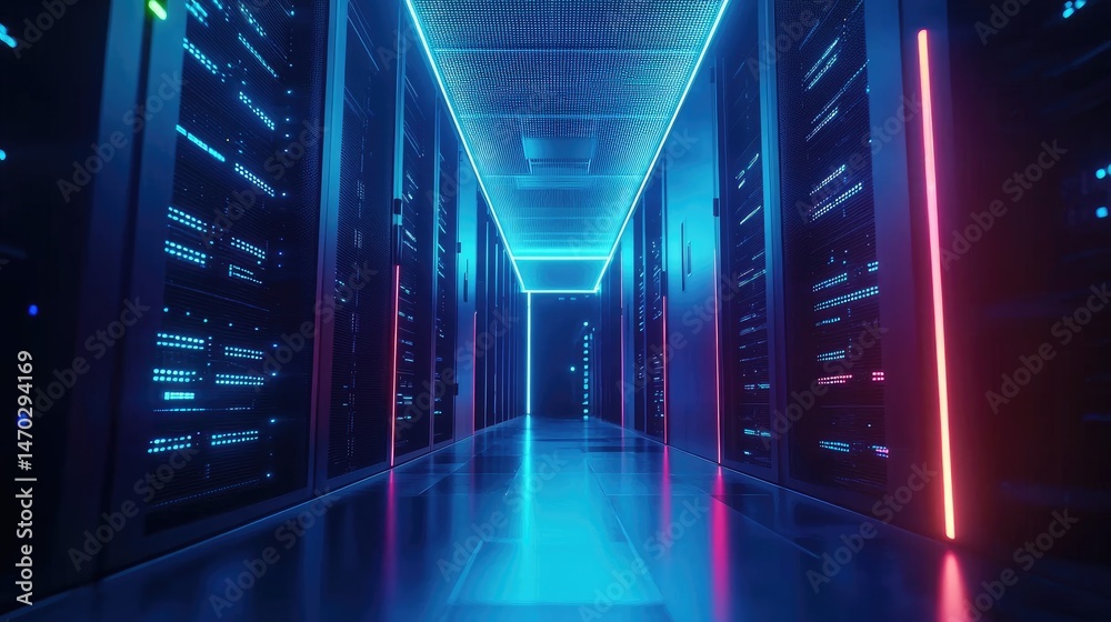 Poster bright server room with futuristic neon-lit ceiling and vibrant reflections across the floor, showca