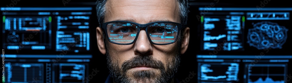 Poster a man wearing glasses looking at computer data screens