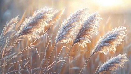 Wind-swayed grass with feathery seed-heads under golden sunlight.