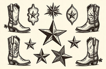 vintage western element hand drawn vector illustrations cowboy boots patches badges emblems bold line art