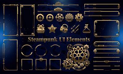 Set of Steampunk Fantasy Elements for user interface, poster, video. Fantasy mechanic HUD. Template for rpg game interface. Vector Illustration EPS10