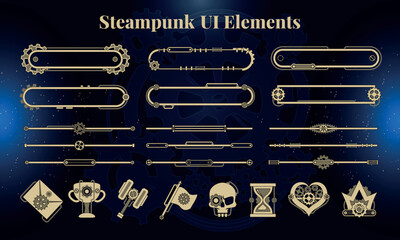Set of Steampunk Fantasy Elements for user interface, poster, video. Fantasy mechanic HUD. Template for rpg game interface. Vector Illustration EPS10