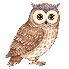 Obraz premium Brown Owl with Blue Floral Crown Watercolor Illustration