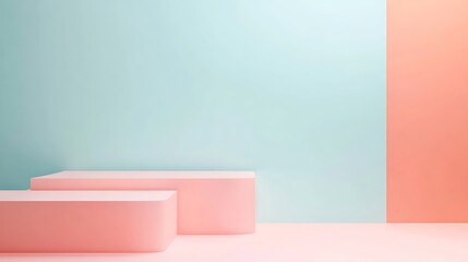 Pastel pink podium with blue wall.