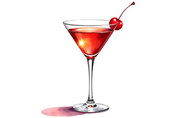 watercolor illustration png manhattan cocktail martini glass cherry garnish isolated white