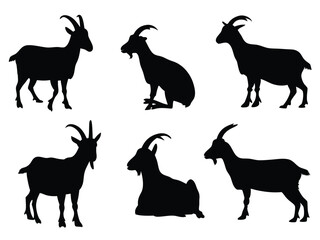 Set of several goat silhouettes, depicting goats in various dynamic poses and positions.