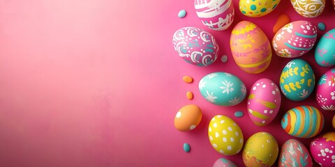 Obraz premium Easter eggs with various colors and patterns arranged around the edges on a soft pink background.