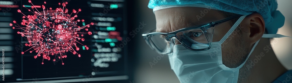 Poster A scientist examining a virus image on a computer screen