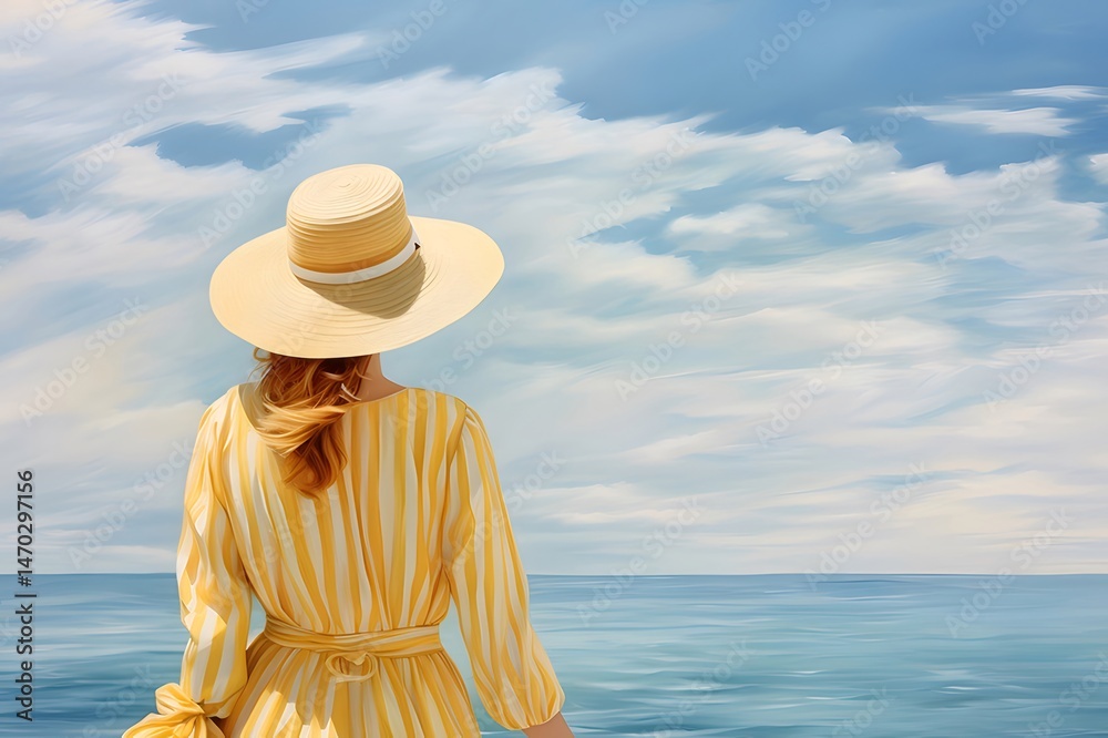 Aufkleber ストライプのロングドレスを着た女性が麦わら帽子をかぶって青い海と空を背景に夏のリゾートでリラックス