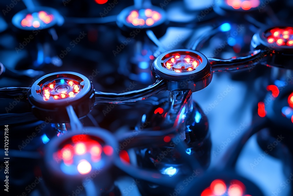 Poster quantum-linked robotic neural core interface with glowing synapse hubs