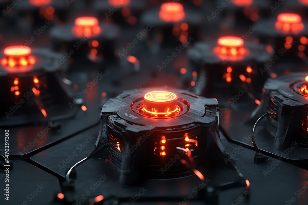 Poster quantum-linked robotic neural core interface with glowing synapse hubsquantum-linked robotic neural 
