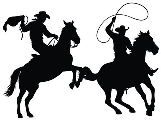 Naklejka premium Cowboy Rodeo Silhouettes on Horseback with Lasso and Roping Action