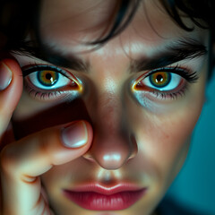 Naklejka premium Gaslight manipulation toxic narcissism and abuse psychology concept. Close-up of intense eyes, showcasing unique colors and sharp features, conveying emotion and depth.