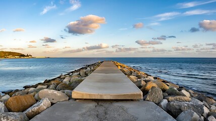 Tranquil Ocean View At Sunset With Pier And Rock Barrier Creating A Serene Coastal Landscape Under A Calm Blue Sky With Fluffy Clouds