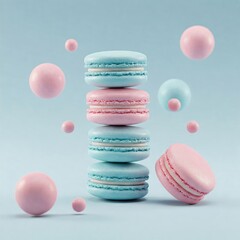 Obraz premium Stacked macarons in pastel hues of blue and pink, are accompanied by floating pastel orbs. The sweets are isolated on a light blue