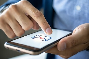 Email campaign alert concept. New email send notification for business e-mail communication. Digital marketing, internet technology. Inbox receives electronic message invite. Man touch on newsletter.