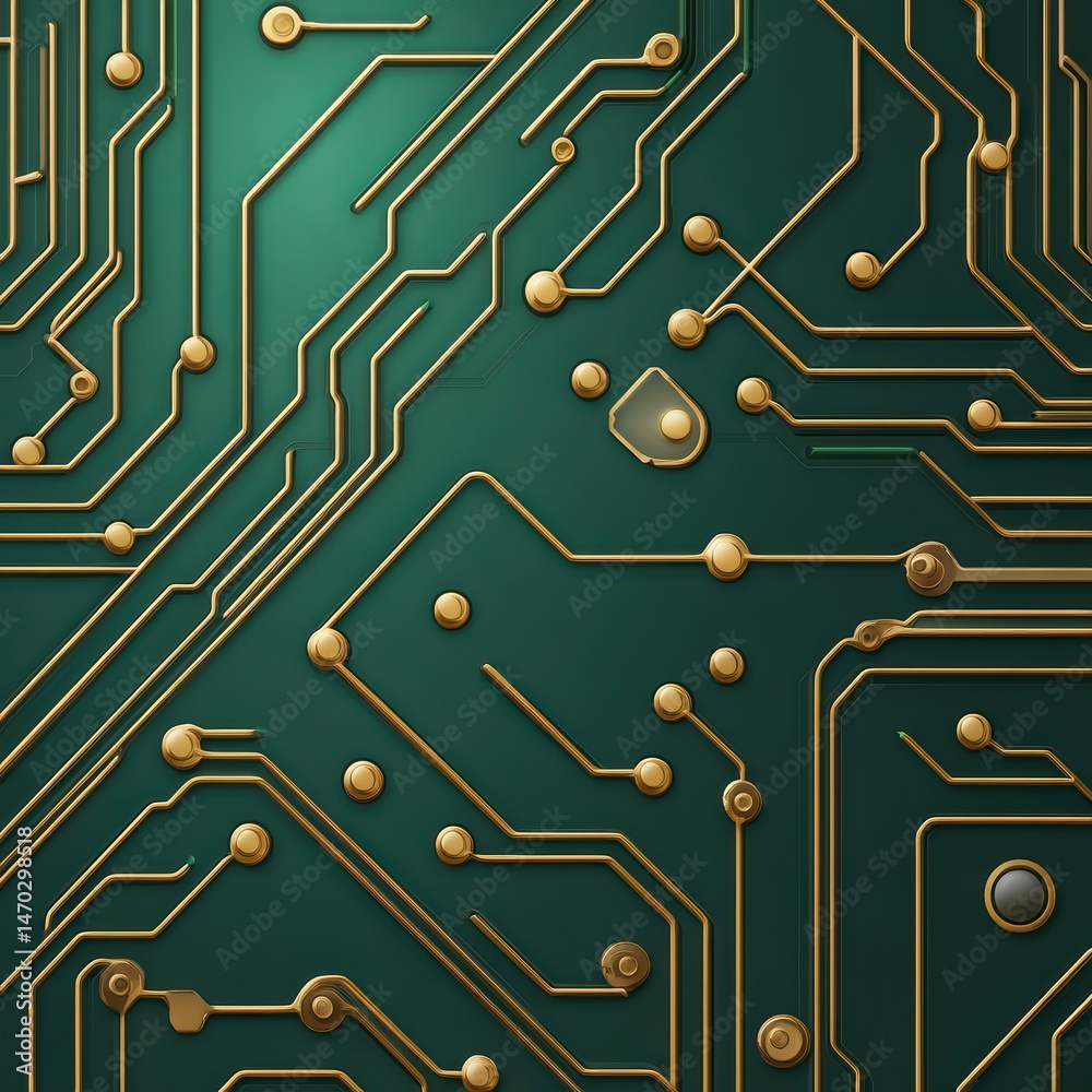 Poster intricate green circuit board design with golden lines and patterns for technology and innovation co