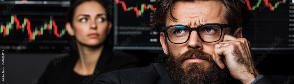 Poster concerned business people analyzing financial data displayed on screens
