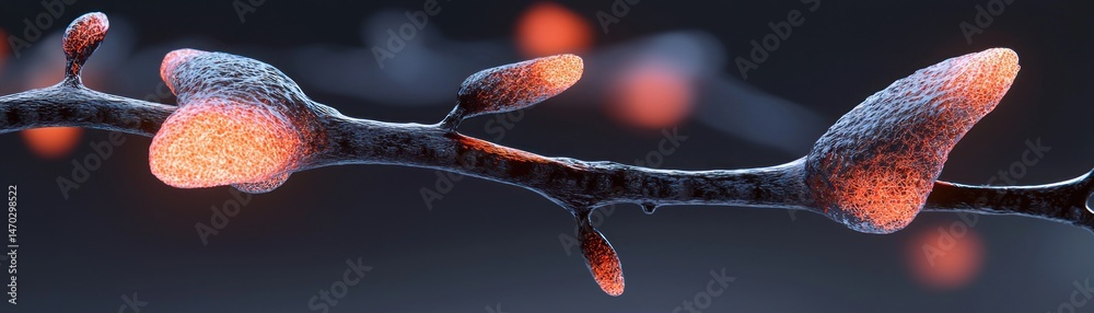 Poster An abstract visualization of biological cell structures on a dark backdrop