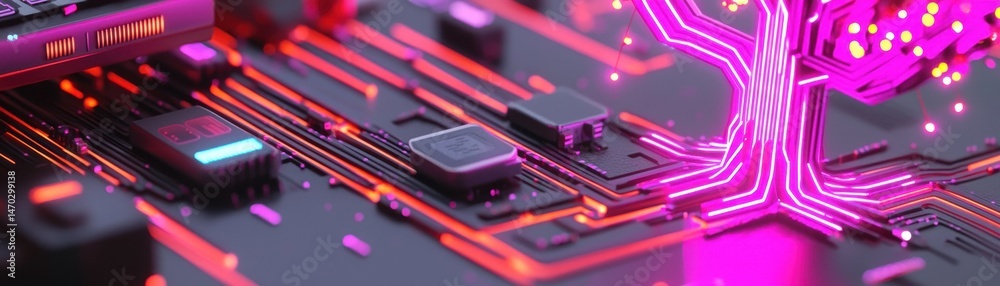 Poster Close up view depicting electronic computer circuit board design