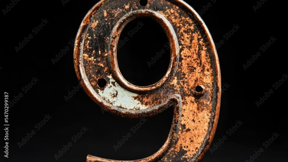 Poster a worn-out metal number plate with the digit 9 on a dark background