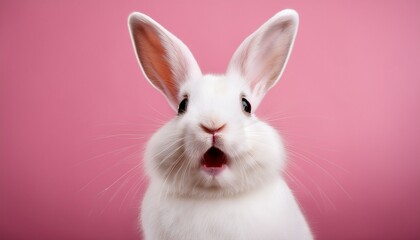 happy surprised cute white rabbit on pink background