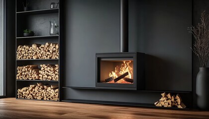 Fototapeta premium Modern room with wall-mounted wood-burning stove, metal firewood rack, log pile, and potted plant by window.