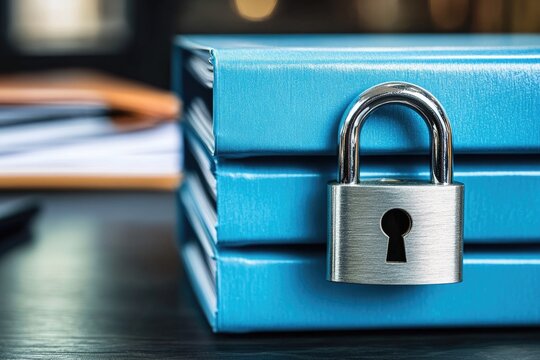 Stack of blue folders secured by a padlock